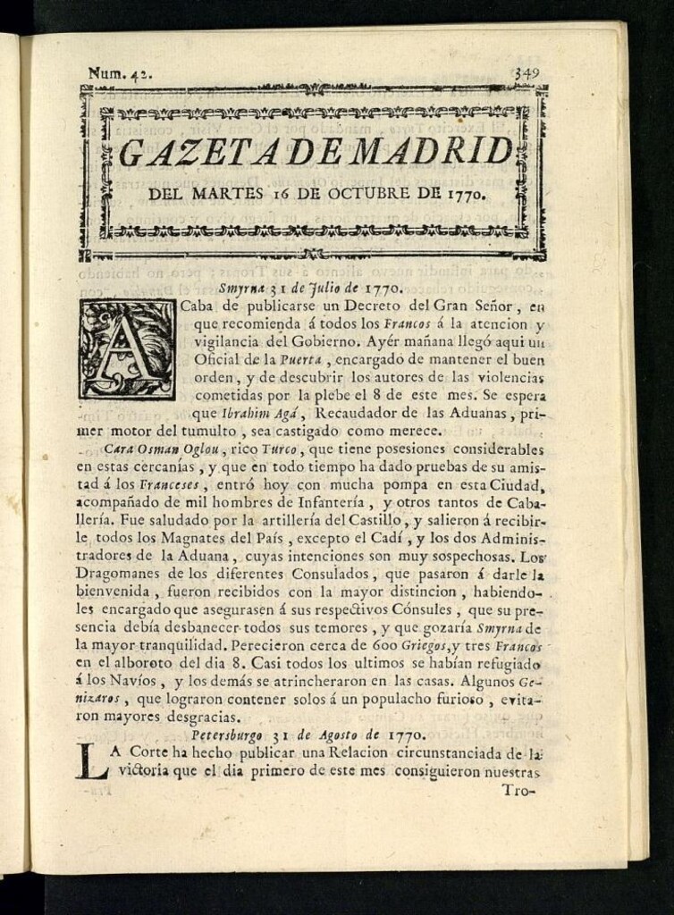 Miniatura de Gazeta de Madrid del 16 de octubre de 1770