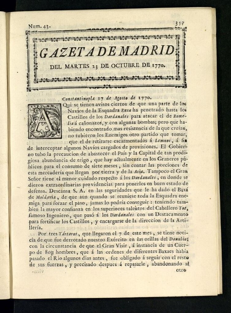 Miniatura de Gazeta de Madrid del 23 de octubre de 1770