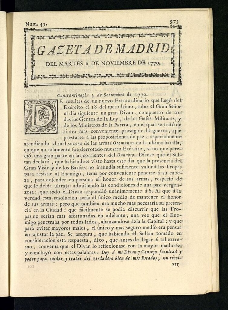 Miniatura de Gazeta de Madrid del 6 de noviembre de 1770