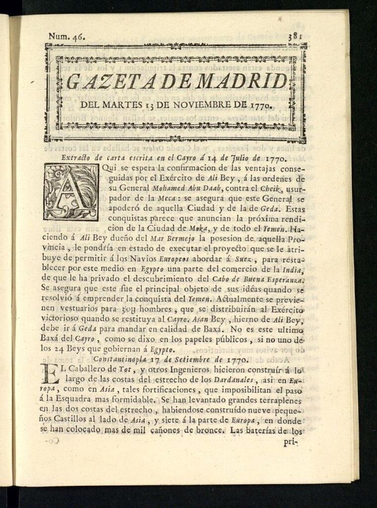 Miniatura de Gazeta de Madrid del 13 de noviembre de 1770