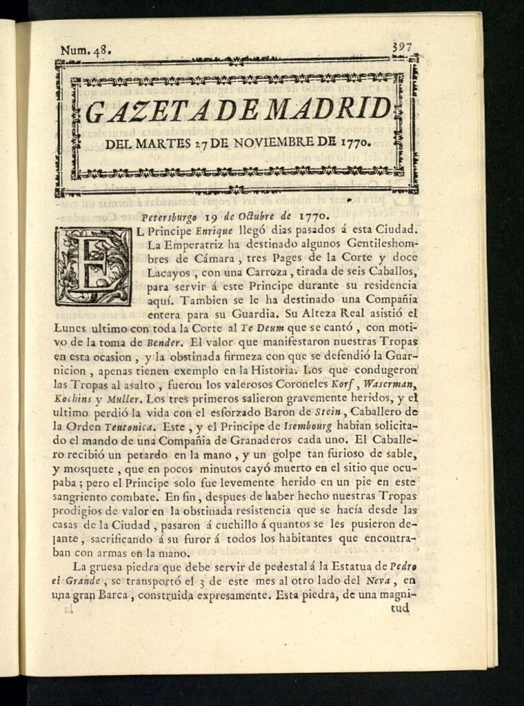 Miniatura de Gazeta de Madrid del 27 de noviembre de 1770