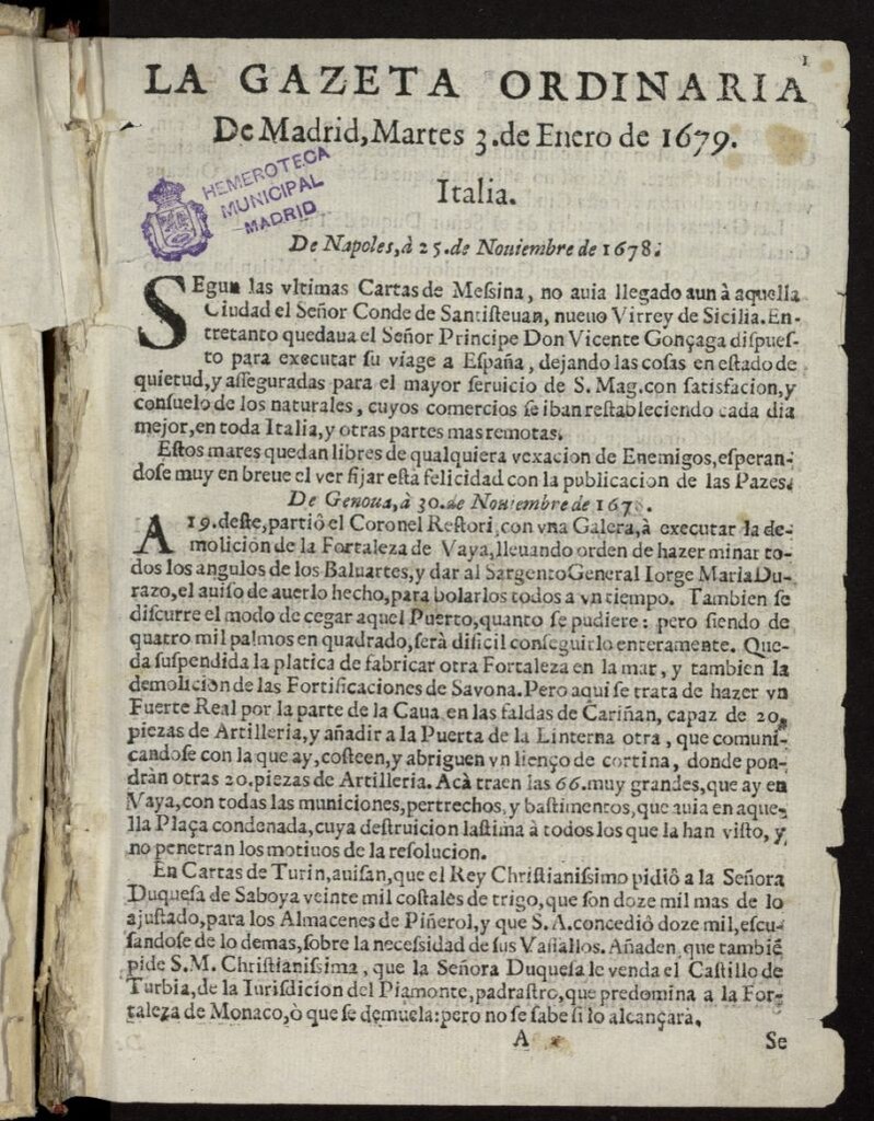 Miniatura de Gaceta de Madrid del 3 de enero de 1679