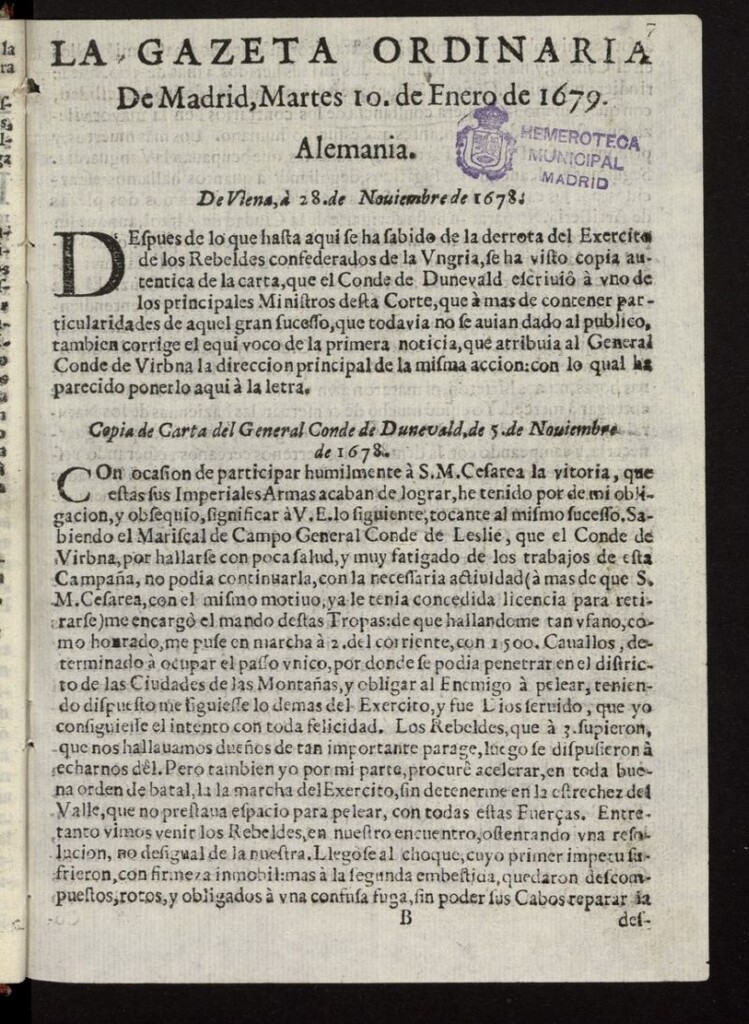 Miniatura de Gaceta de Madrid del 10 de enero de 1679