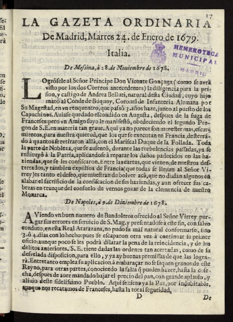 Miniatura de Gaceta de Madrid del 24 de enero de 1679