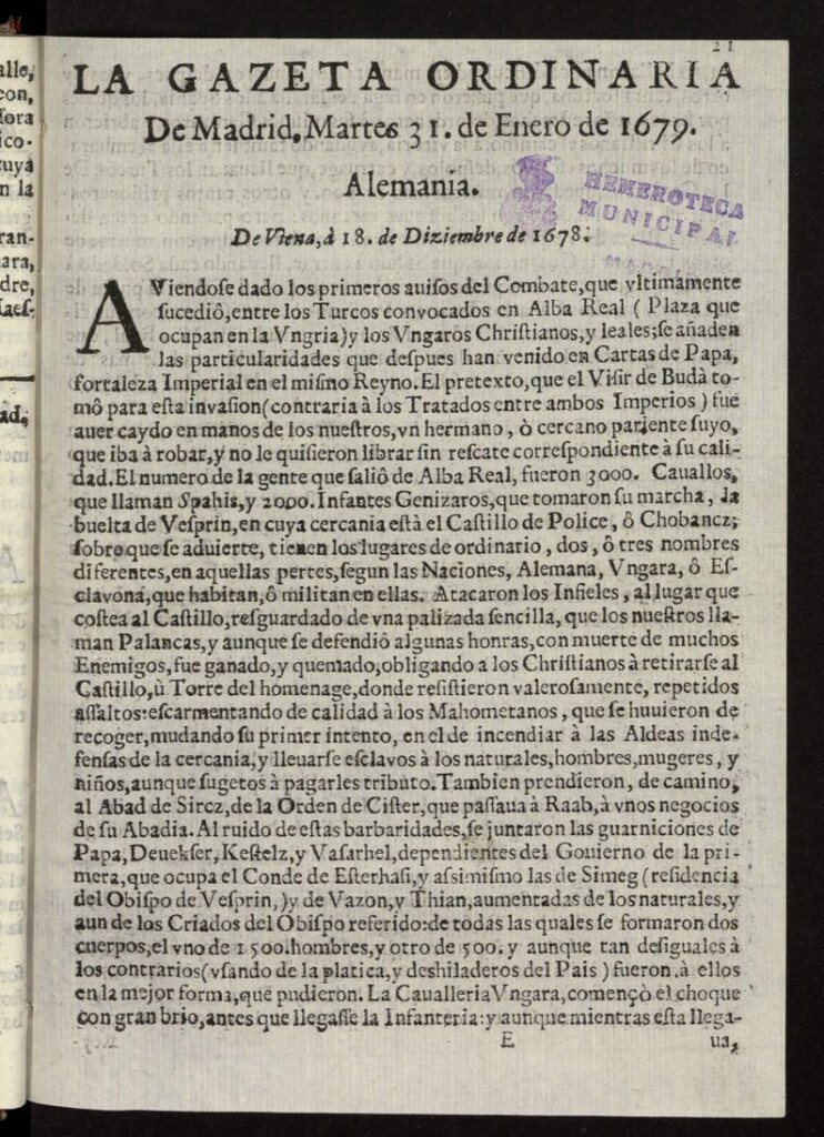 Miniatura de Gaceta de Madrid del 31 de enero de 1679