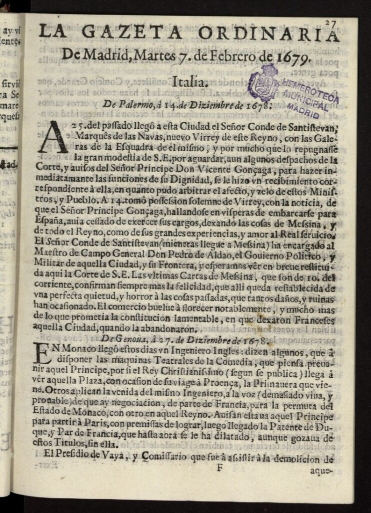 Miniatura de Gaceta de Madrid del 7 de febrero de 1679