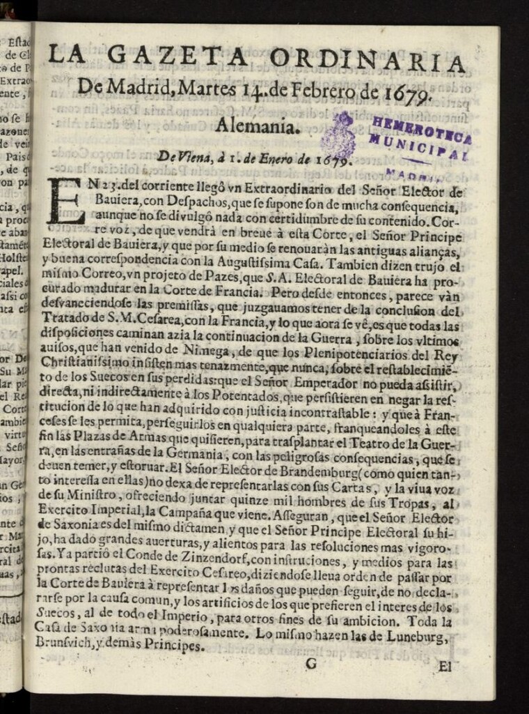 Miniatura de Gaceta de Madrid del 14 de febrero de 1679