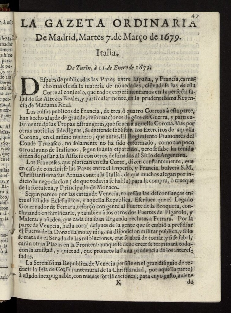 Miniatura de Gaceta de Madrid del 7 de marzo de 1679