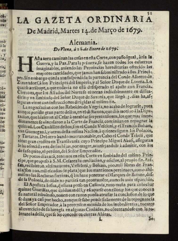 Miniatura de Gaceta de Madrid del 14 de marzo de 1679