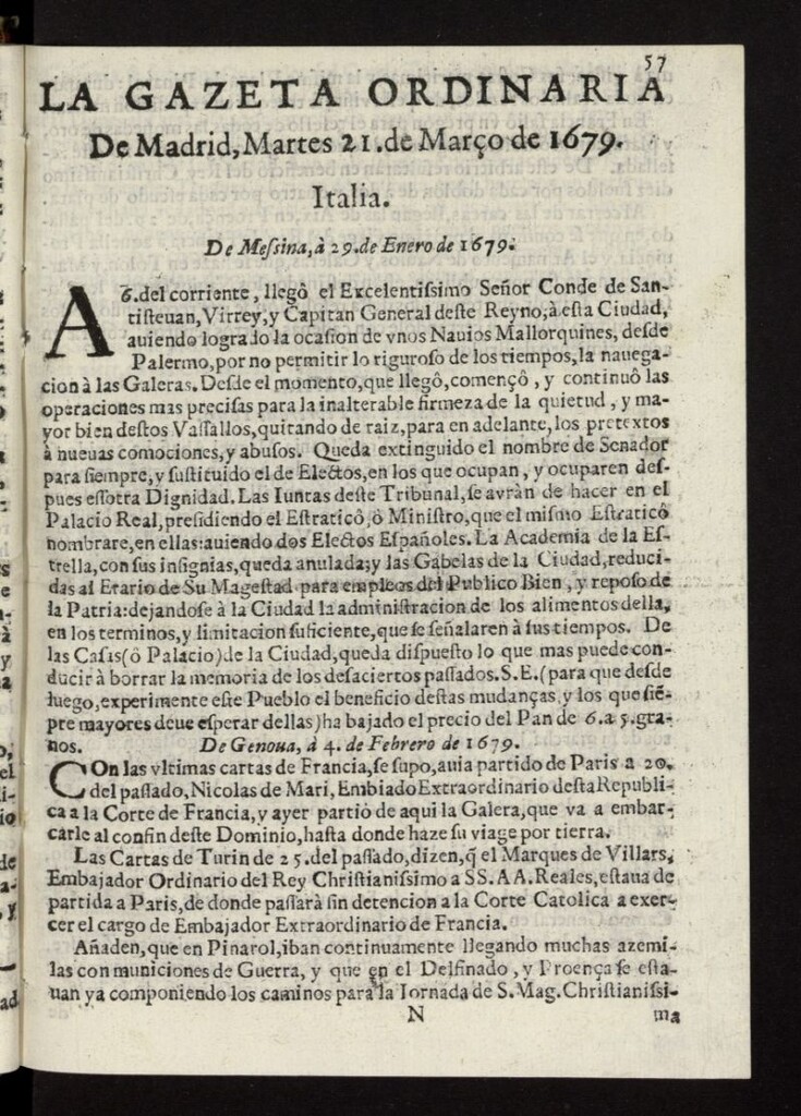 Miniatura de Gaceta de Madrid del 21 de marzo de 1679