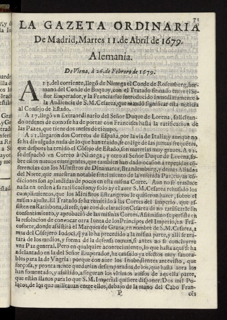 Miniatura de Gaceta de Madrid del 11 de abril de 1679