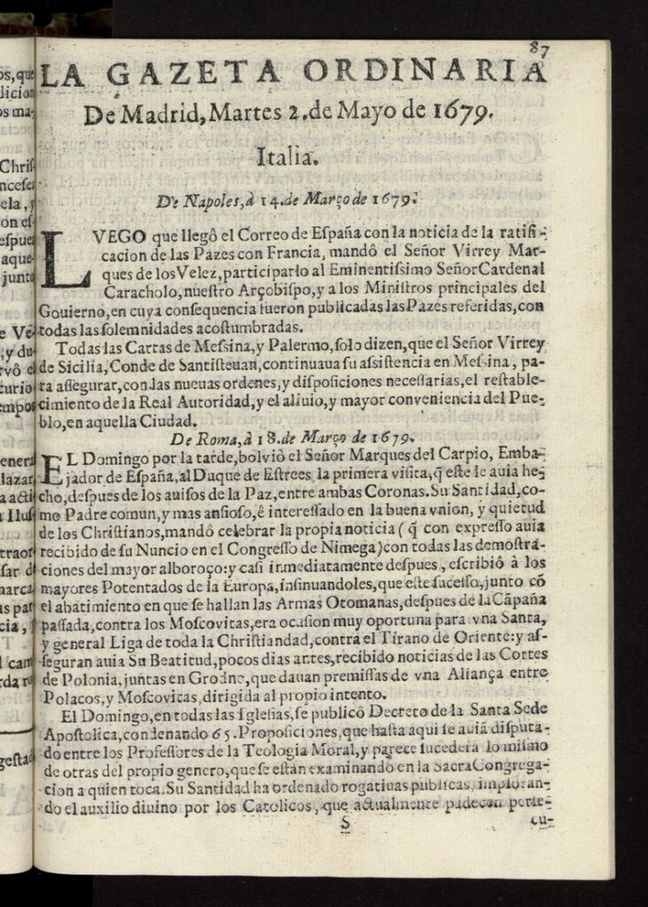 Miniatura de Gaceta de Madrid del 2 de mayo de 1679