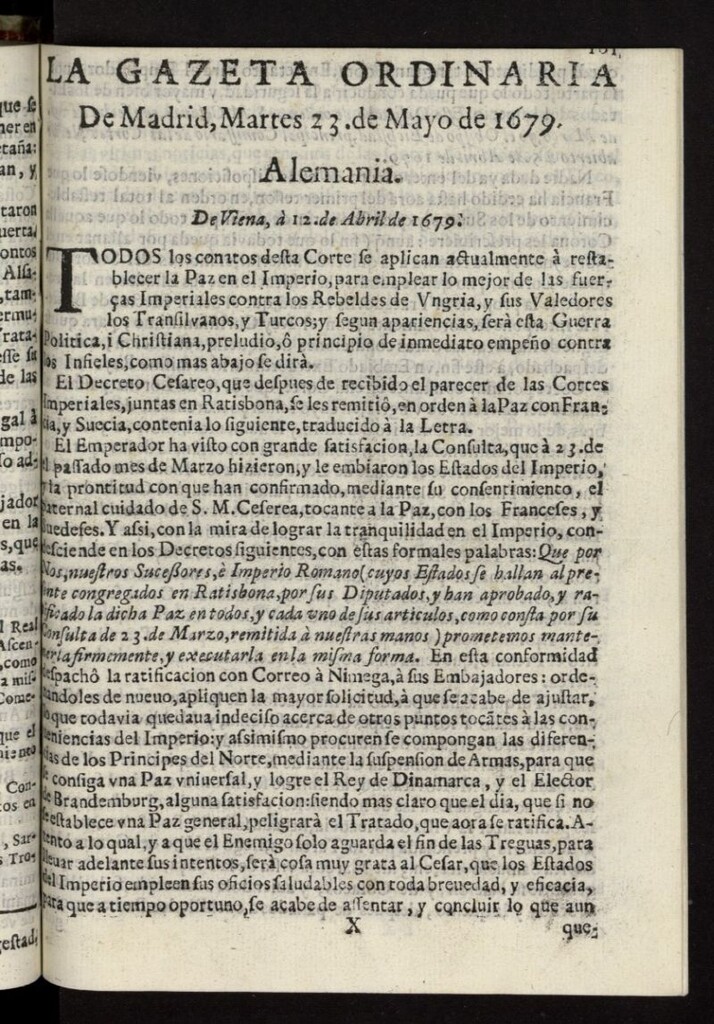 Miniatura de Gaceta de Madrid del 23 de mayo de 1679