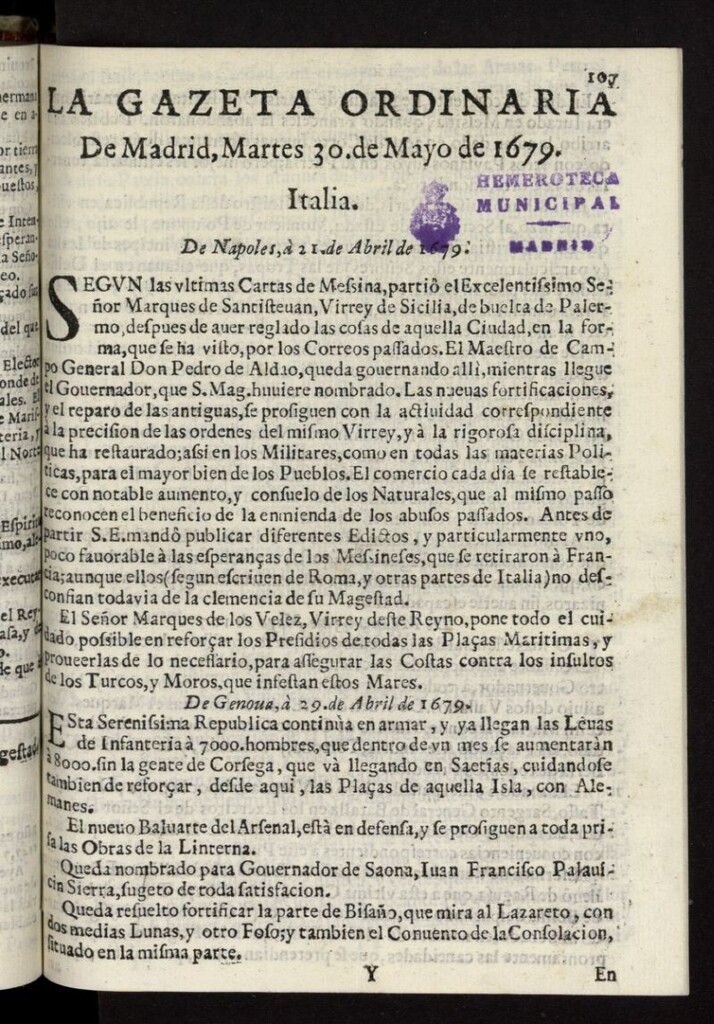 Miniatura de Gaceta de Madrid del 30 de mayo de 1679