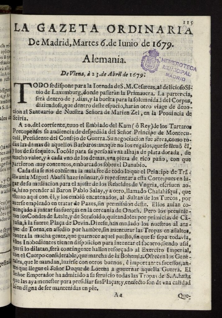 Miniatura de Gaceta de Madrid del 6 de junio de 1679
