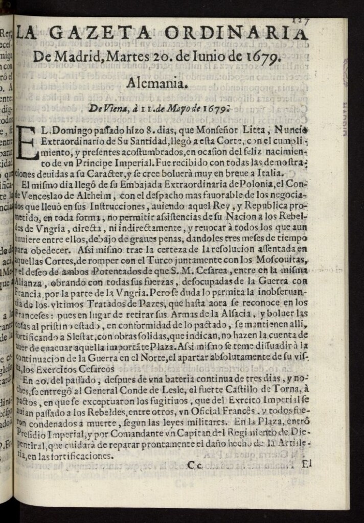 Miniatura de Gaceta de Madrid del 20 de junio de 1679