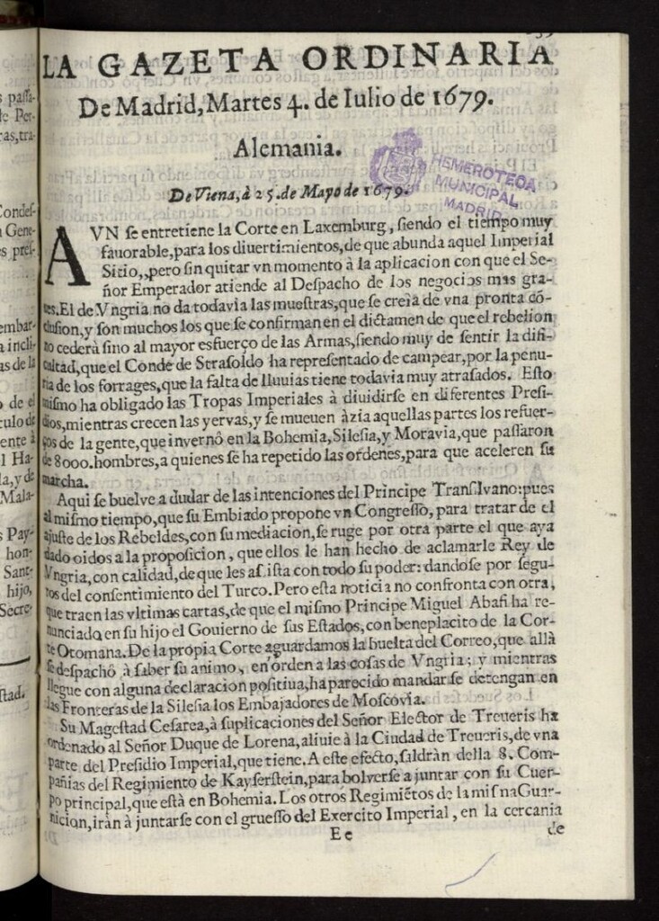 Miniatura de Gaceta de Madrid del 4 de julio de 1679