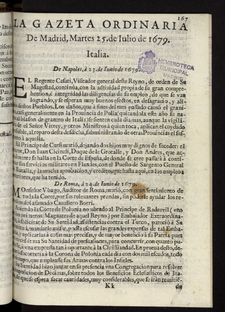 Miniatura de Gaceta de Madrid del 25 de julio de 1679