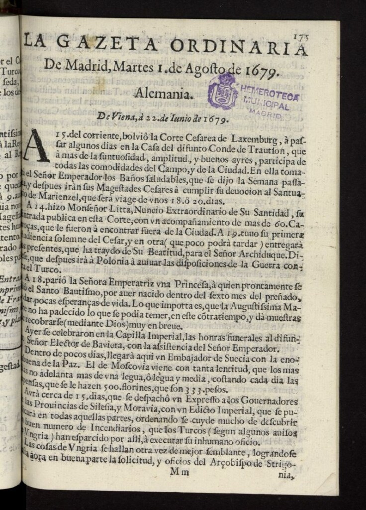 Miniatura de Gaceta de Madrid del 1 de agosto de 1679