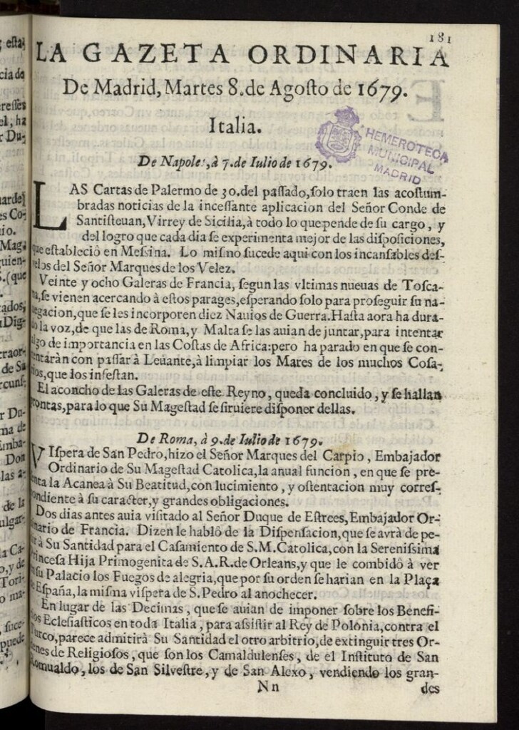 Miniatura de Gaceta de Madrid del 8 de agosto de 1679