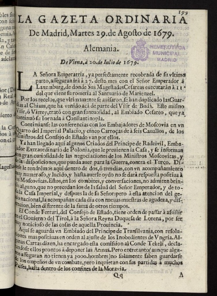 Miniatura de Gaceta de Madrid del 29 de agosto de 1679