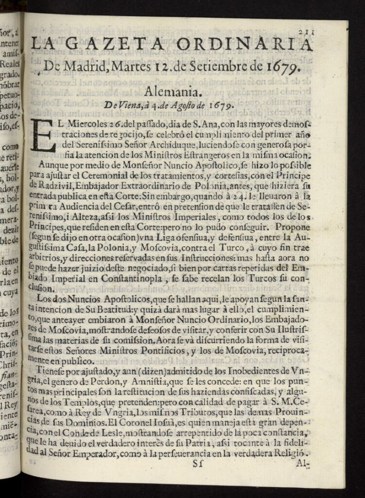 Miniatura de Gaceta de Madrid del 12 de septiembre de 1679
