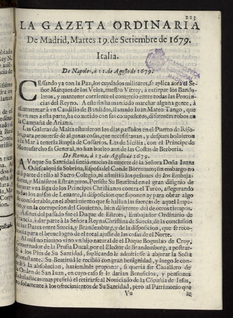 Miniatura de Gaceta de Madrid del 19 de septiembre de 1679