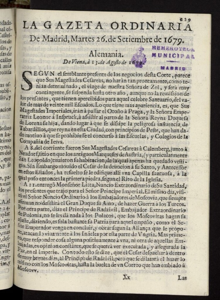 Miniatura de Gaceta de Madrid del 26 de septiembre de 1679