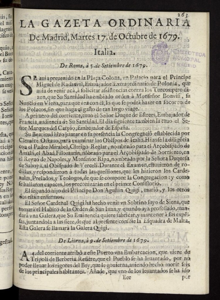 Miniatura de Gaceta de Madrid del 17 de octubre de 1679