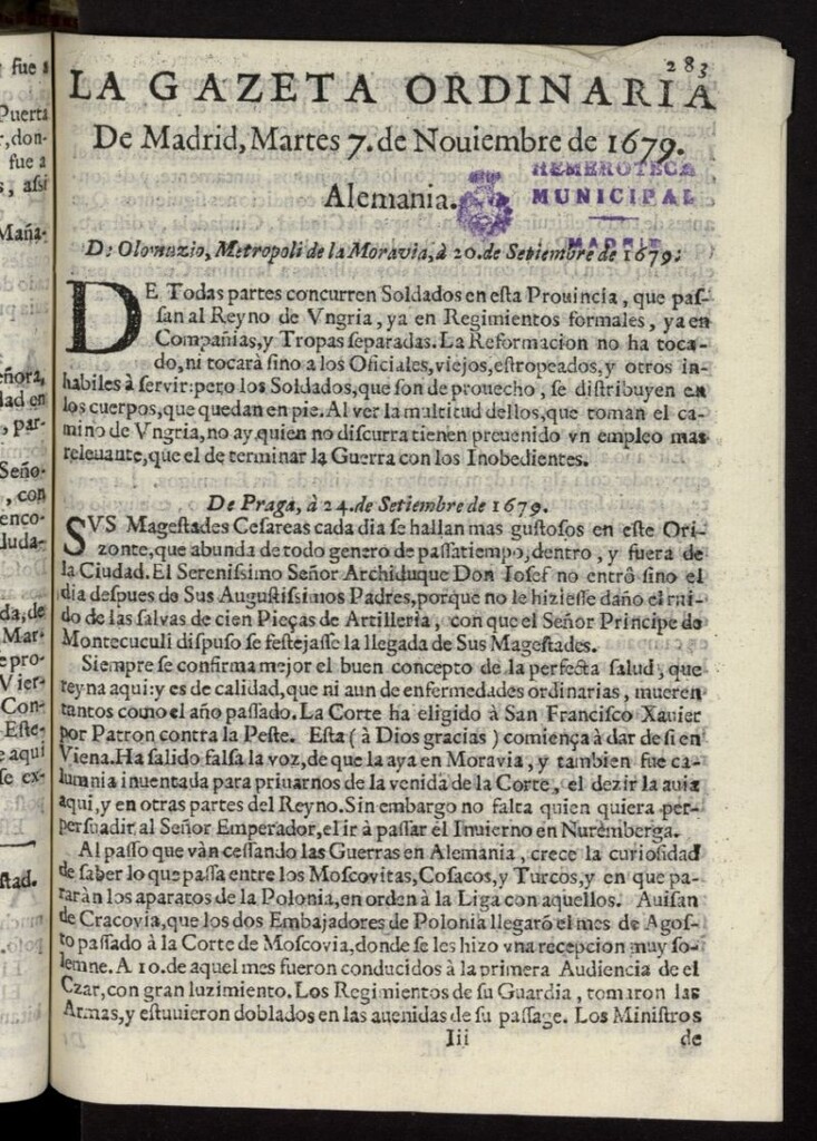 Miniatura de Gaceta de Madrid del 7 de noviembre de 1679