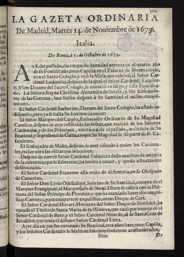 Miniatura de Gaceta de Madrid del 14 de noviembre de 1679