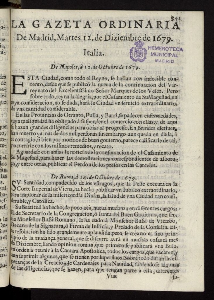 Miniatura de Gaceta de Madrid del 12 de diciembre de 1679