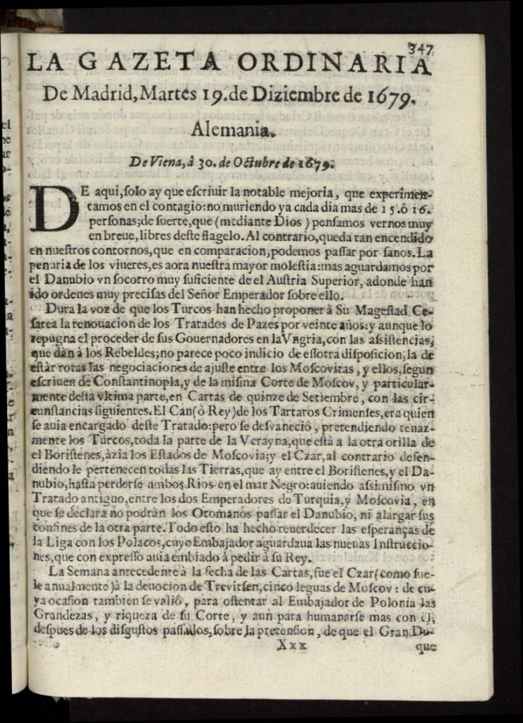 Miniatura de Gaceta de Madrid del 19 de diciembre de 1679