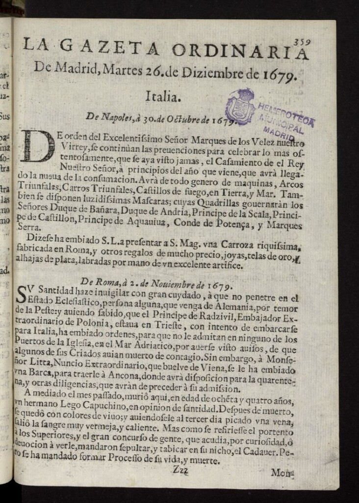 Miniatura de Gaceta de Madrid del 26 de diciembre de 1679