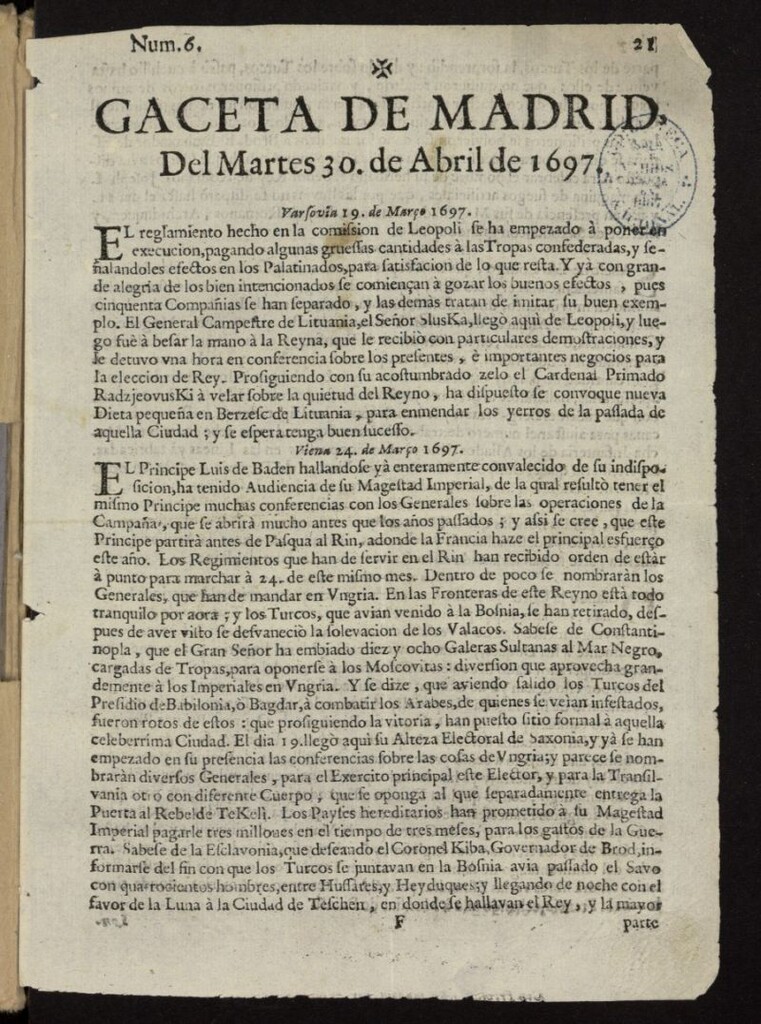 Miniatura de Gaceta de Madrid del 30 de abril de 1697, nº 6