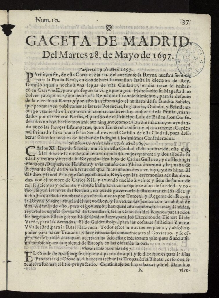 Miniatura de Gaceta de Madrid del 28 de mayo de 1697, nº 10