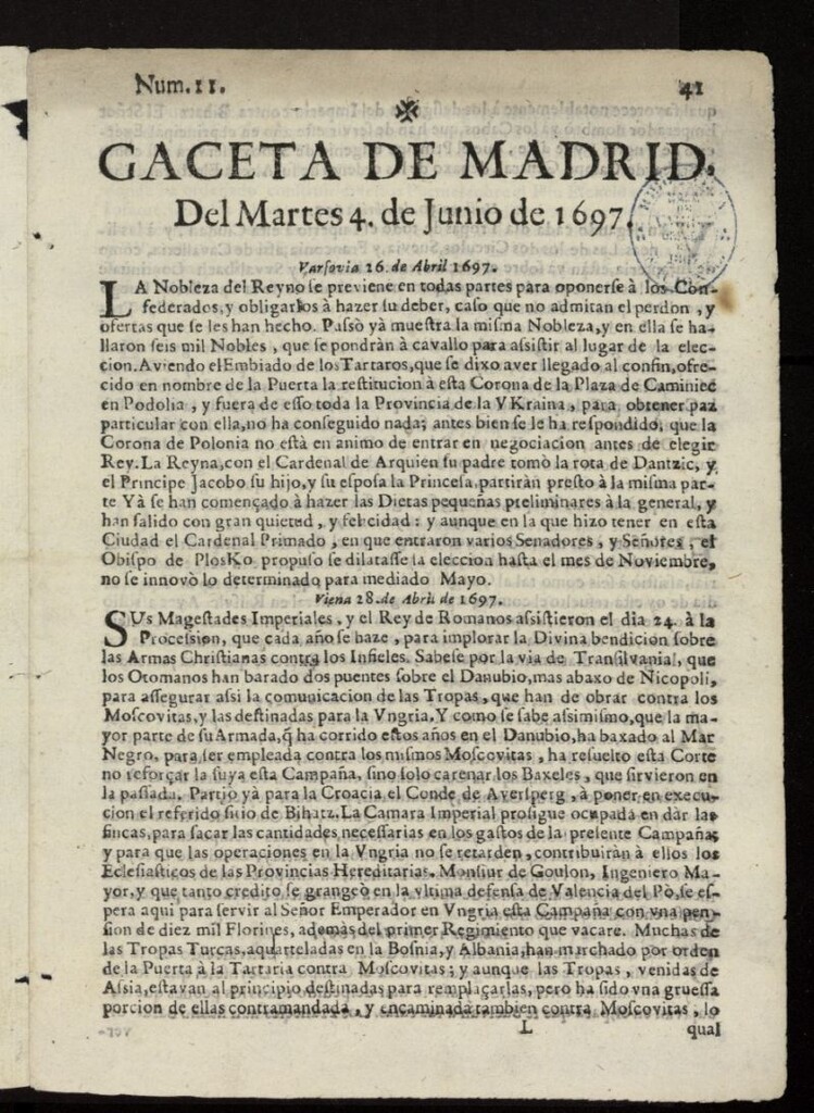 Miniatura de Gaceta de Madrid del 4 de junio de 1697, nº 11