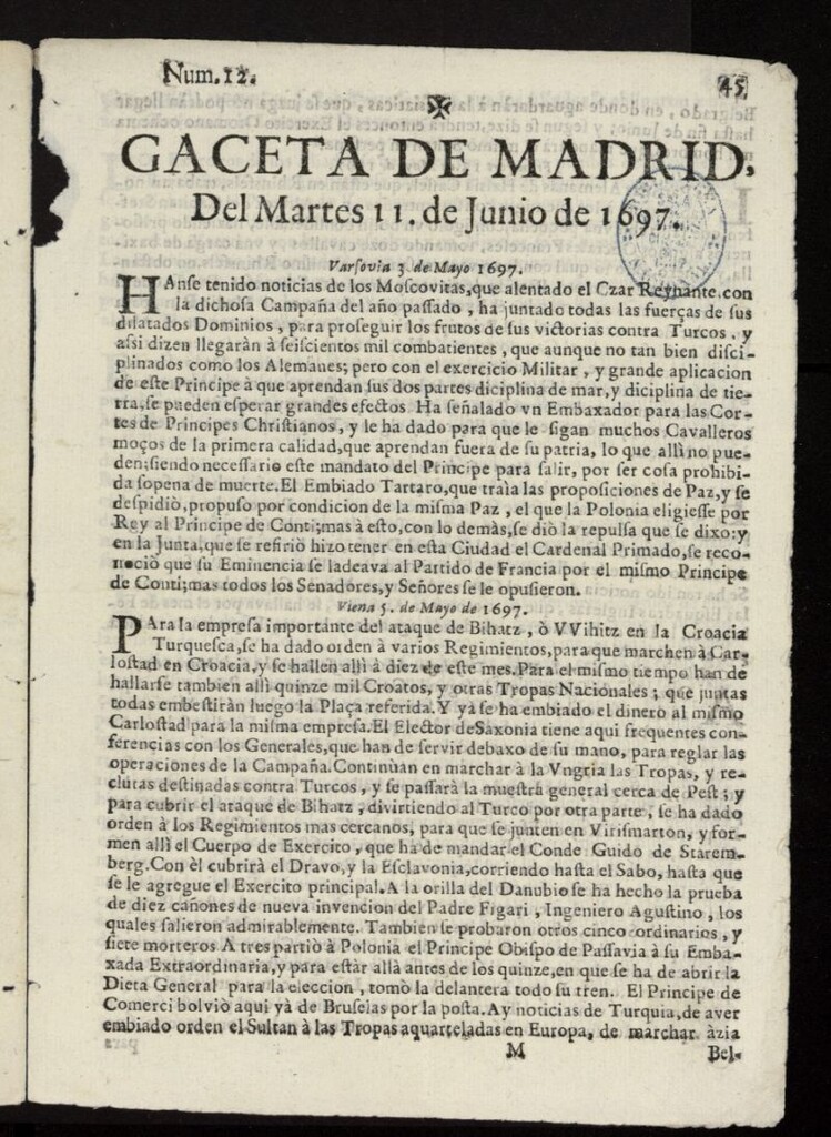 Miniatura de Gaceta de Madrid del 11 de junio de 1697, nº 12