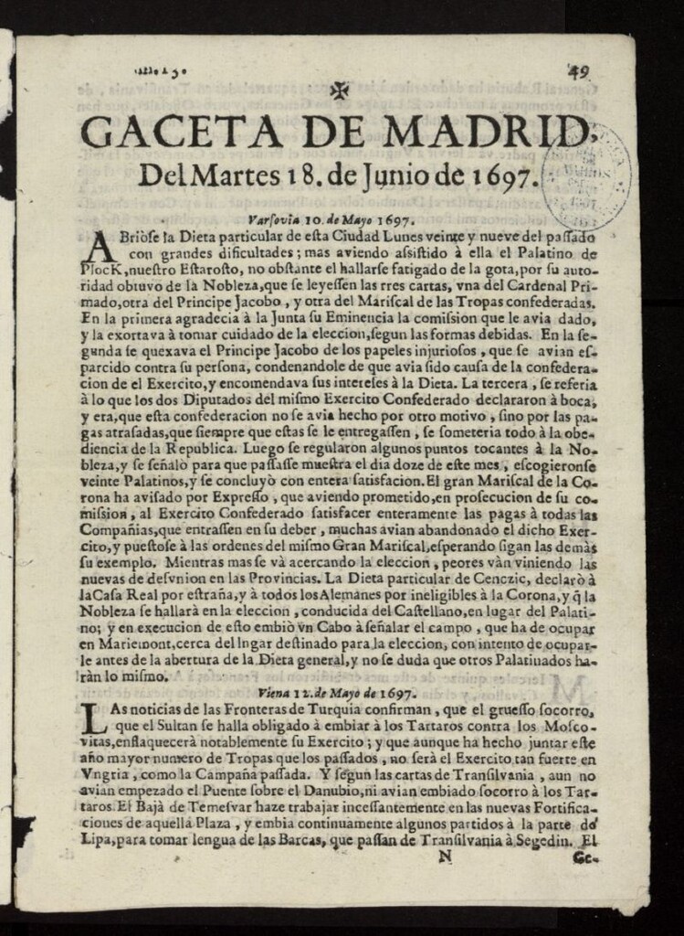 Miniatura de Gaceta de Madrid del 18 de junio de 1697, nº 13