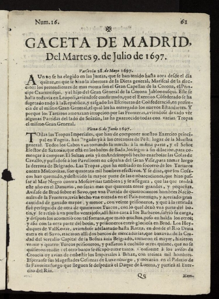 Miniatura de Gaceta de Madrid del 9 de julio de 1697, nº 16