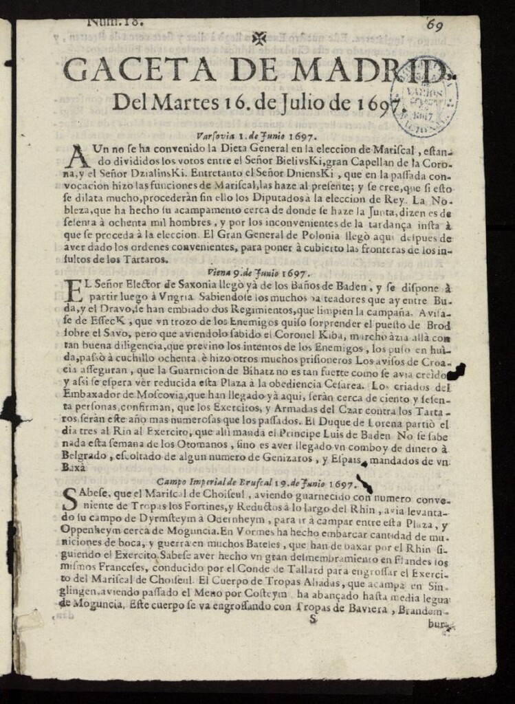 Miniatura de Gaceta de Madrid del 16 de julio de 1697, nº 18