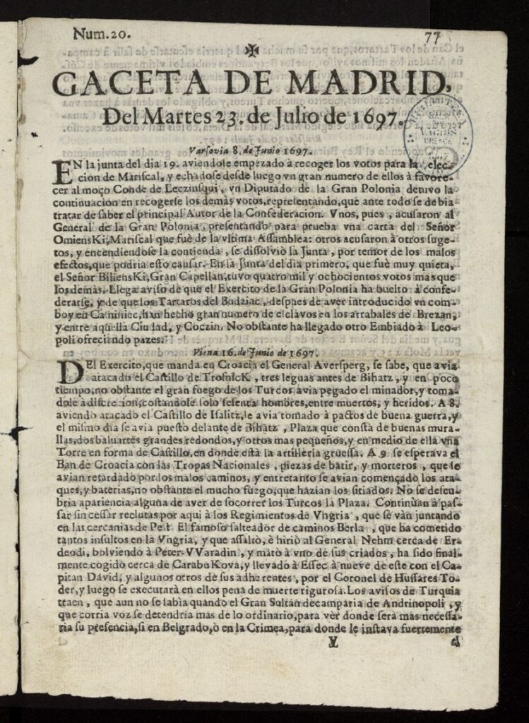 Miniatura de Gaceta de Madrid del 23 de julio de 1697, nº 20