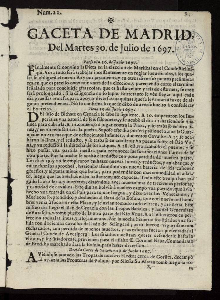 Miniatura de Gaceta de Madrid del 30 de julio de 1697, nº 21