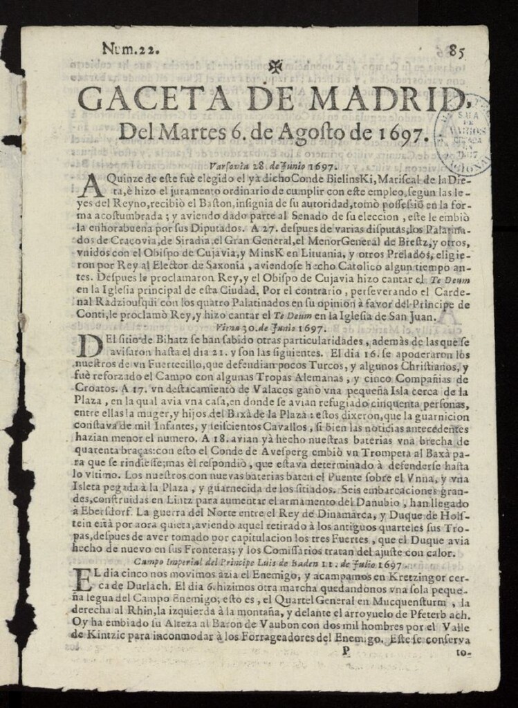 Miniatura de Gaceta de Madrid del 6 de agosto de 1697, nº 22