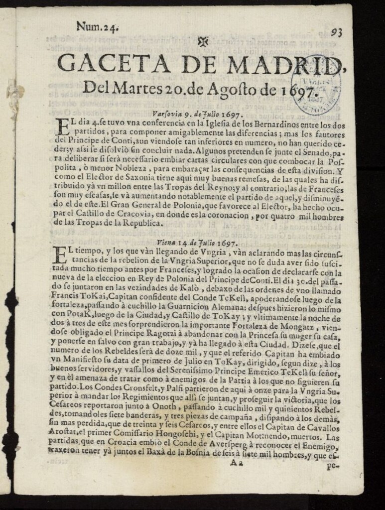 Miniatura de Gaceta de Madrid del 20 de agosto de 1697, nº 24