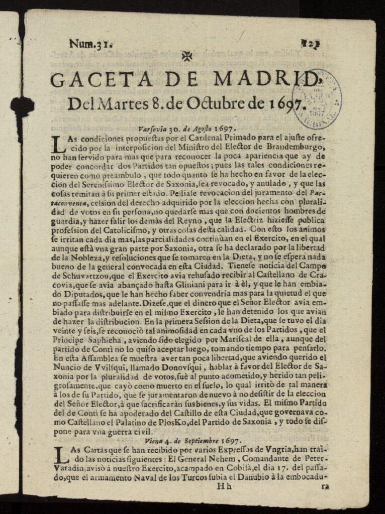 Miniatura de Gaceta de Madrid del 8 de octubre de 1697, nº 31