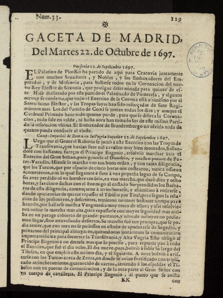 Miniatura de Gaceta de Madrid del 22 de octubre de 1697, nº 33