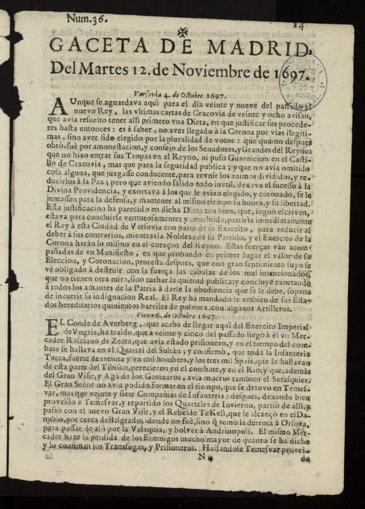 Miniatura de Gaceta de Madrid del 12 de noviembre de 1697, nº 36
