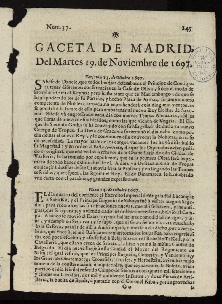 Miniatura de Gaceta de Madrid del 19 de noviembre de 1697, nº 37