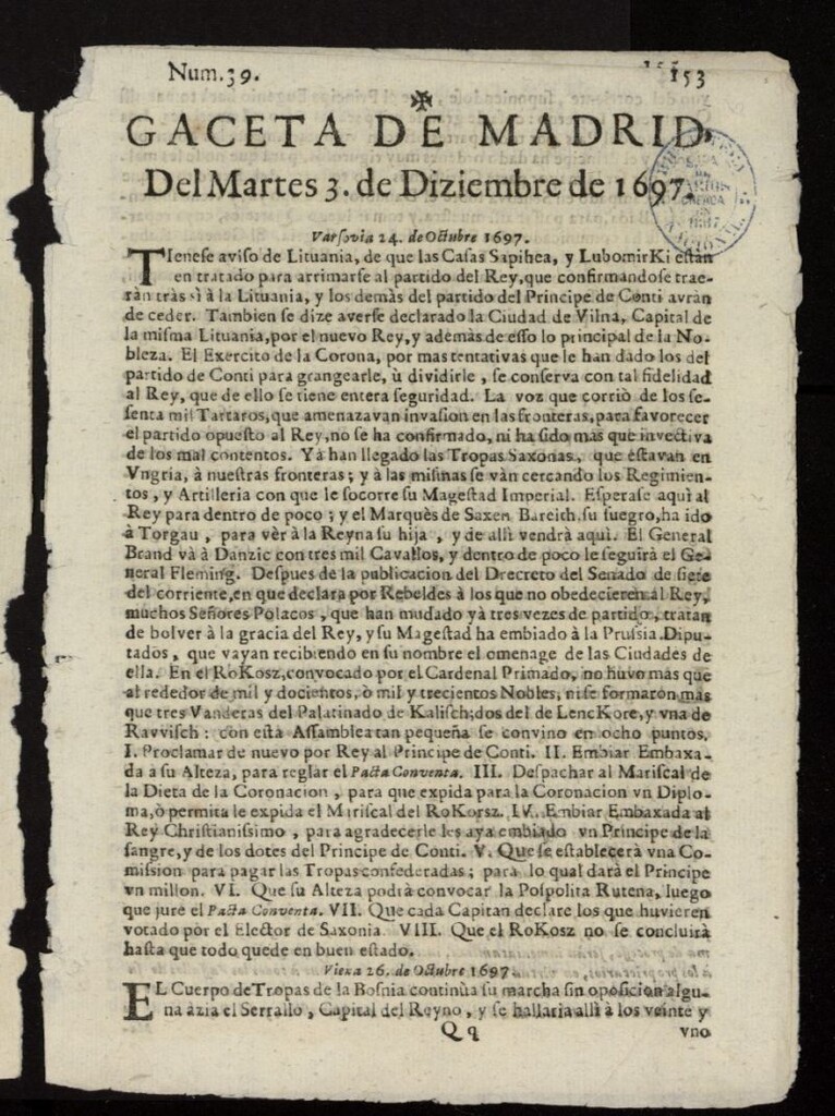 Miniatura de Gaceta de Madrid del 3 de diciembre de 1697, nº 39